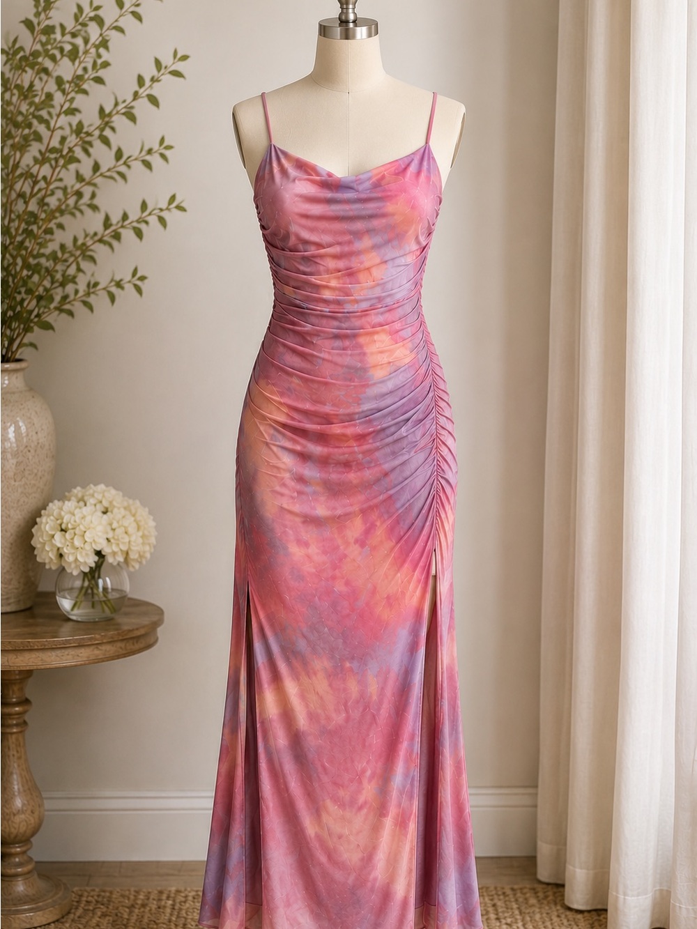Blue Blush Pink & Purple Tie-Dye Ruched Cowl Midi Dress